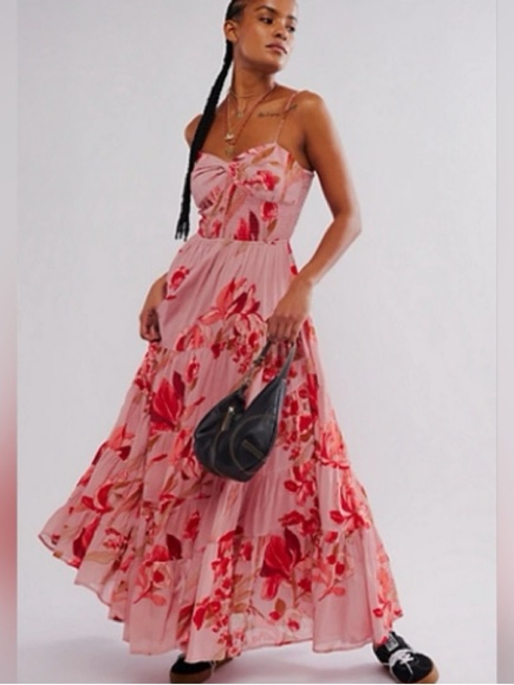BNWOT Free People Sundrenched Maxi Dress Pink Floral Tiered Boho Maxi Smocked - Picture 2 of 7